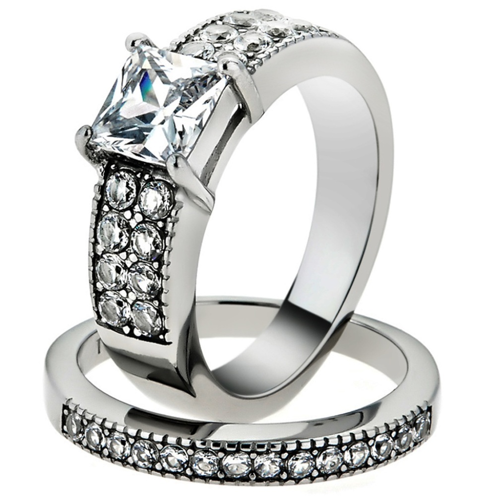 2.07 Ct Zirconia  Stainless Steel Wedding Ring Set